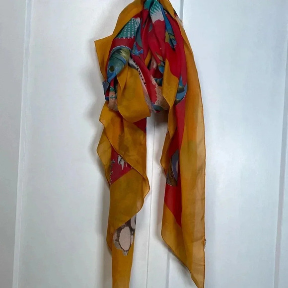 Unique Orange Fish themed Scarf - hints of blue & coral - made in Italy - Picture 2 of 5